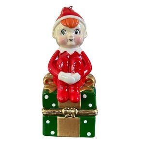 Vintage Christmas Elf On Present Ornament  Trinket Box Holiday Decor Whimsical